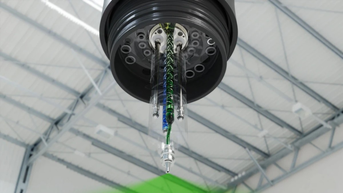 La pintura verde se mezcla en el atomizador y se aplica. Nota: Las capas transparentes se muestran con verde y azul con fines ilustrativos. 